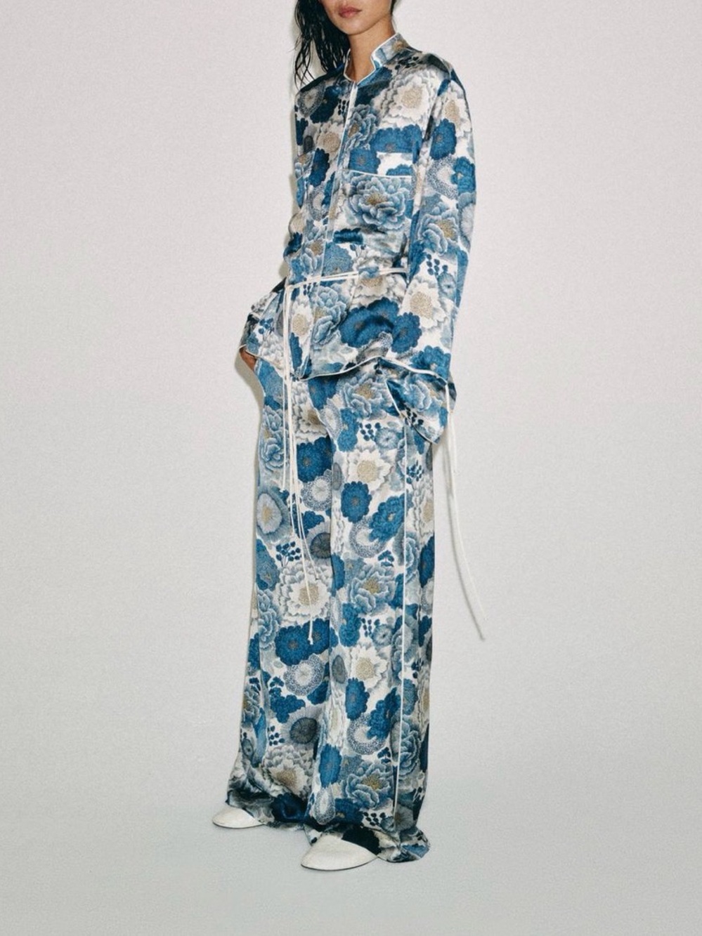 Zara Blue Floral Wide-Leg Pants and Kimono Pants Set - Picture 6 of 15